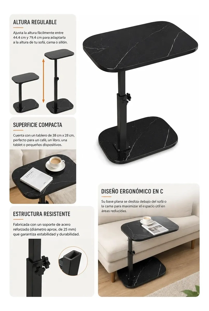 MESA AUXILIAR AJUSTABLE CON ACABADO EFECTO MARMOL NEGRO - 2