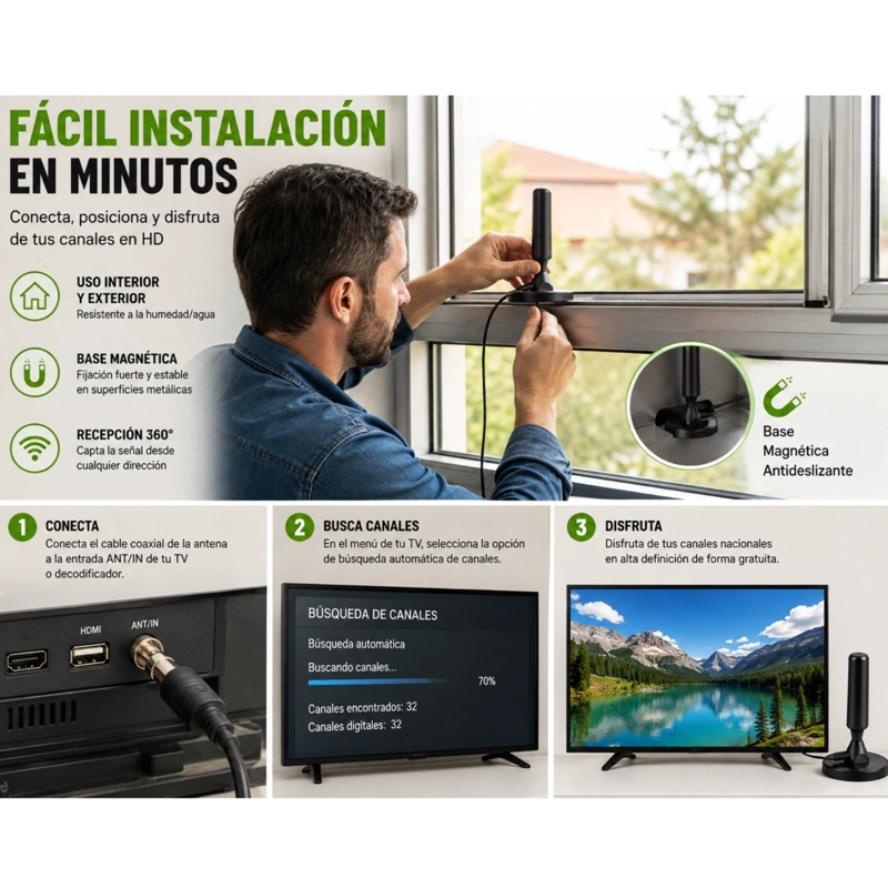 ANTENA DIGITAL HD TV INTERIOR Y EXTERIOR RECEPCION 360° BASE MAGNETICA - 2