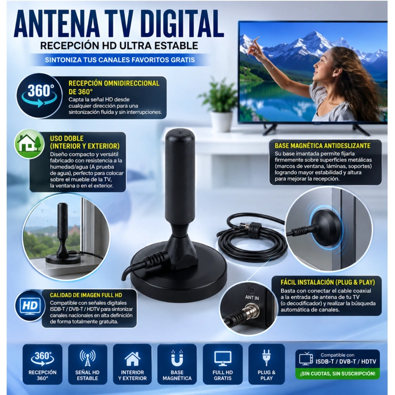 ANTENA DIGITAL HD TV INTERIOR Y EXTERIOR RECEPCION 360° BASE MAGNETICA - 3