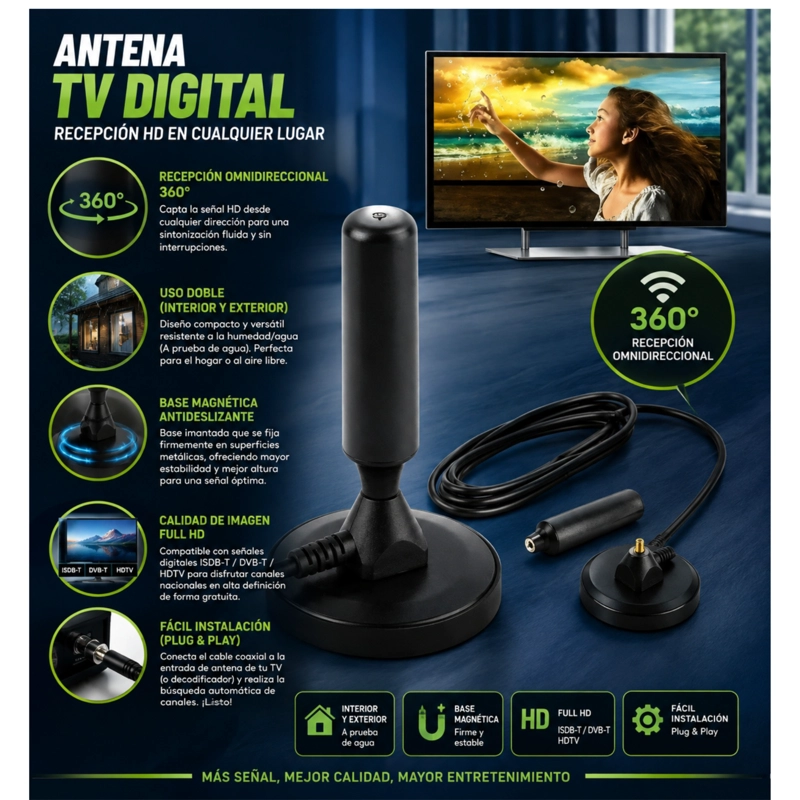 ANTENA DIGITAL HD TV INTERIOR Y EXTERIOR RECEPCION 360° BASE MAGNETICA - 4