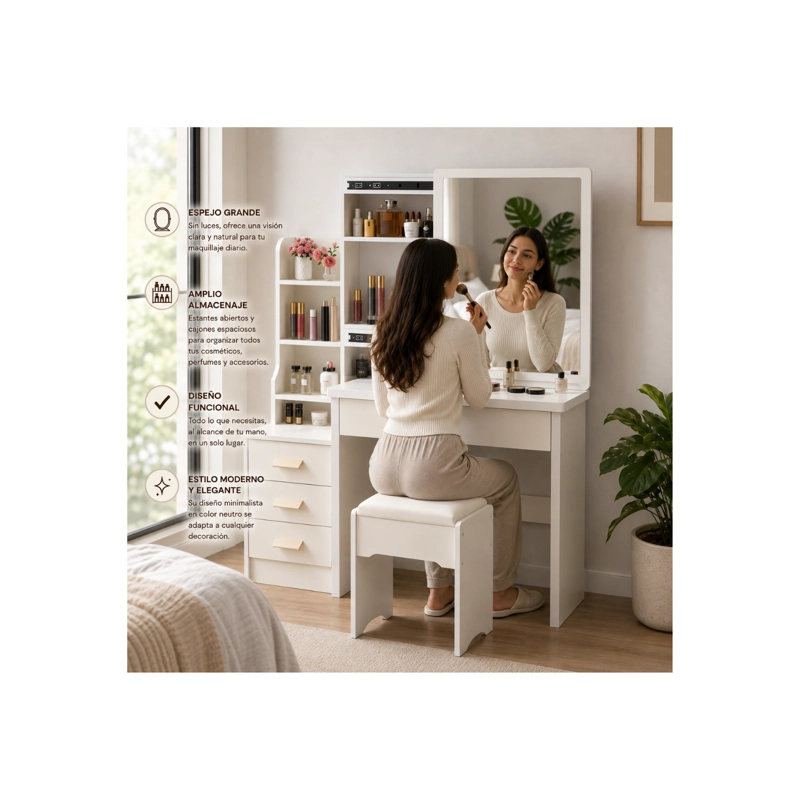 TOCADOR COMPACTO CON ESPEJO Y TABURETE 80X40X130CM BLANCO SA-17 - 2