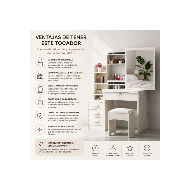TOCADOR COMPACTO CON ESPEJO Y TABURETE 80X40X130CM BLANCO SA-17 - 3