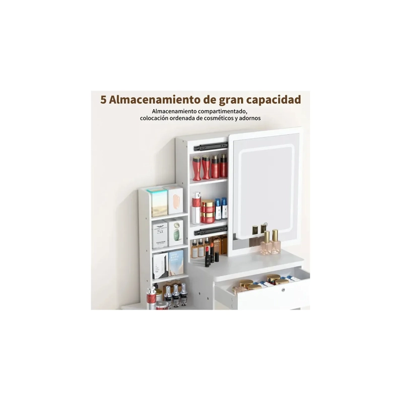 TOCADOR COMPACTO CON ESPEJO Y TABURETE 80X40X130CM BLANCO SA-17 - 4