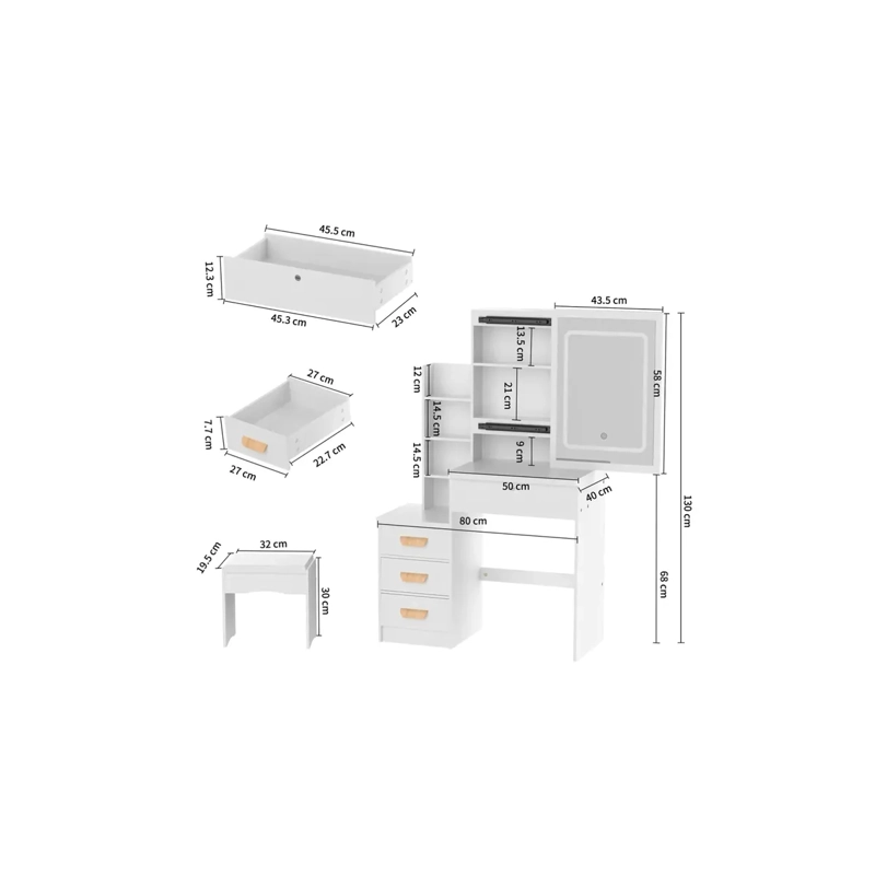 TOCADOR COMPACTO CON ESPEJO Y TABURETE 80X40X130CM BLANCO SA-17 - 5