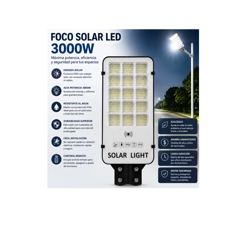 FOCO LED SOLAR 3000W PARA EXTERIOR IP65 CON SENSOR MOVIMIENTO - 2
