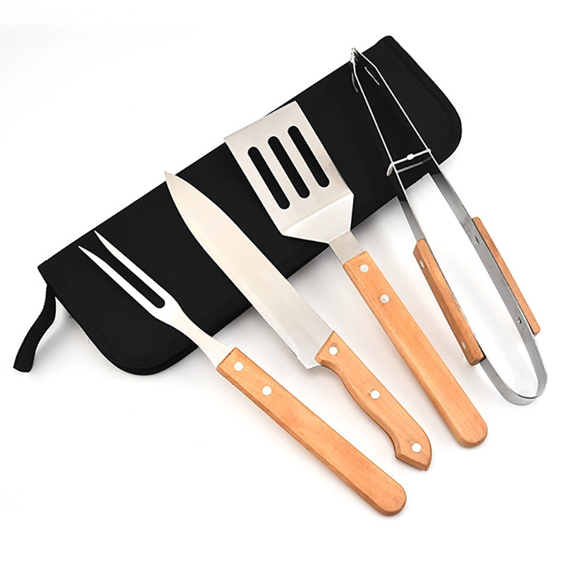 SET / KIT PARRILLERO DE 4 PIEZAS EN ACERO INOXIDABLE-MADERA - 1