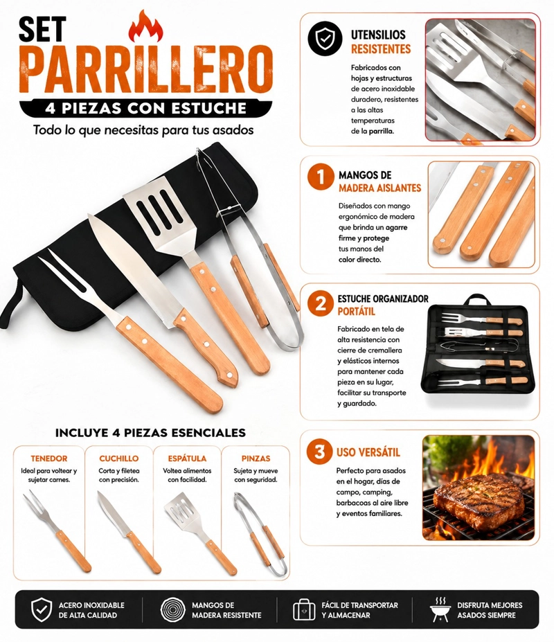 SET / KIT PARRILLERO DE 4 PIEZAS EN ACERO INOXIDABLE-MADERA - 2