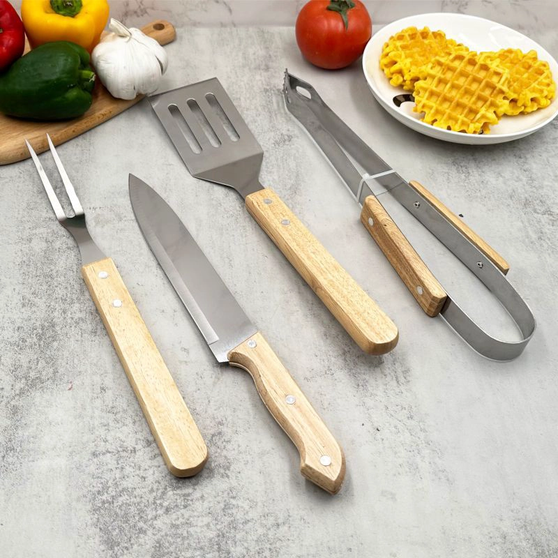 SET / KIT PARRILLERO DE 4 PIEZAS EN ACERO INOXIDABLE-MADERA - 7