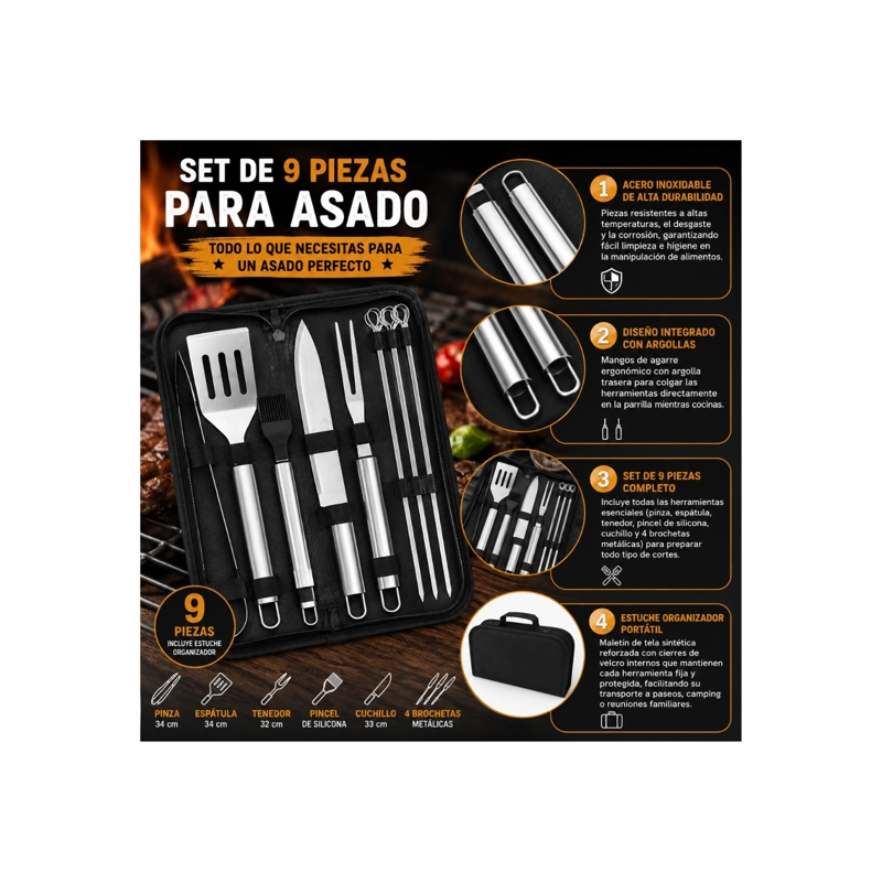 SET PARRILLERO DE ACERO INOXIDABLE 9 PIEZAS CON ESTUCHE - 2