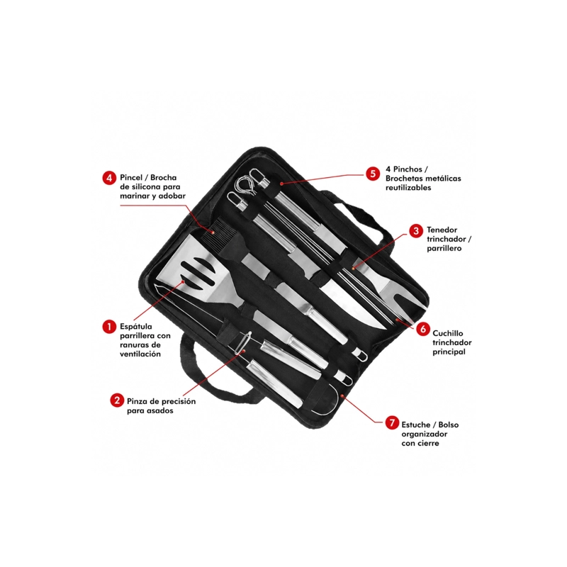 SET PARRILLERO DE ACERO INOXIDABLE 9 PIEZAS CON ESTUCHE - 4
