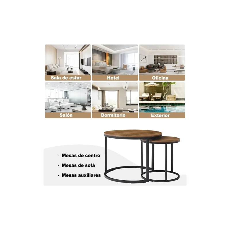SET DE 2 MESAS DE CENTRO REDONDAS NIDO CAFE  Y NEGRO 70CM X 43.5 CM - 50CM X 39.5 - 2