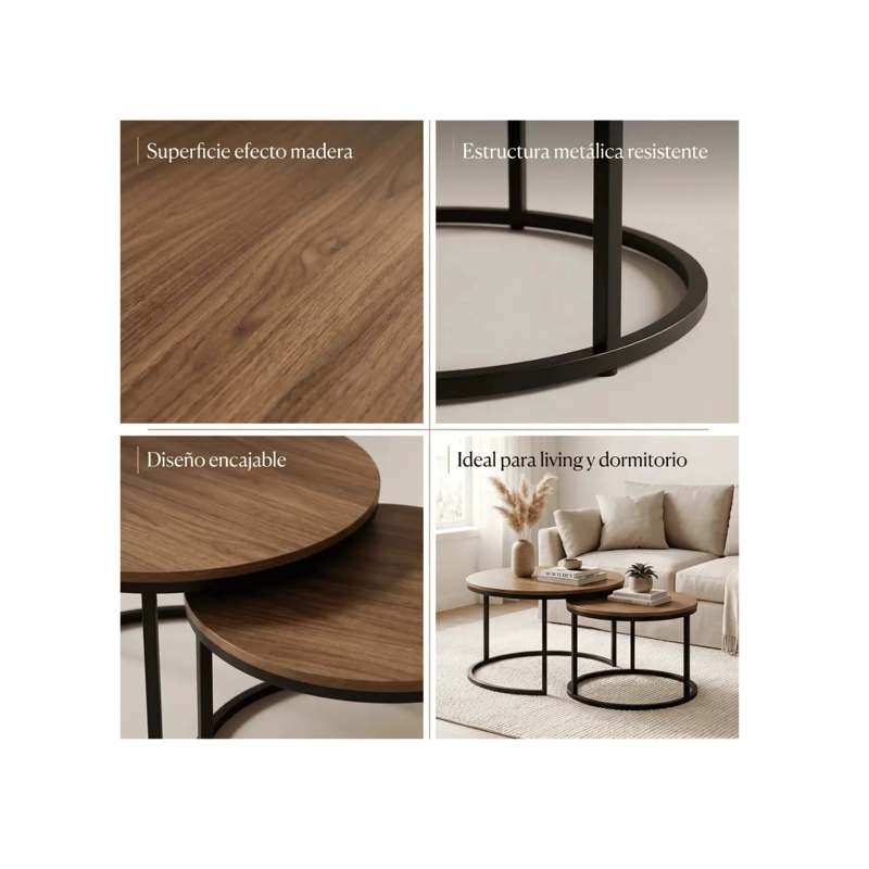 SET DE 2 MESAS DE CENTRO REDONDAS NIDO CAFE  Y NEGRO 70CM X 43.5 CM - 50CM X 39.5 - 3