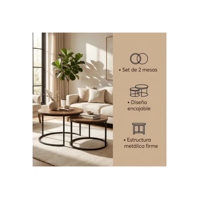 SET DE 2 MESAS DE CENTRO REDONDAS NIDO CAFE  Y NEGRO 70CM X 43.5 CM - 50CM X 39.5 - 4