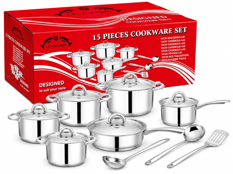 JUEGO BATERIA DE COCINA 15 PIEZAS ACERO INOXIDABLE CON TAPAS - 1