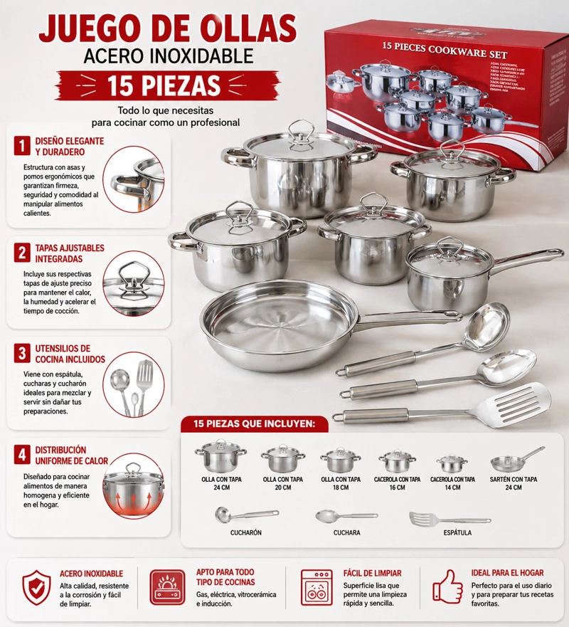 JUEGO BATERIA DE COCINA 15 PIEZAS ACERO INOXIDABLE CON TAPAS - 2