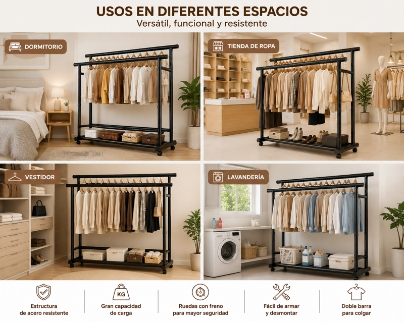 TENDEDERO DE ROPA DOBLE NIVEL CON RUEDAS - CAPACIDAD 100K - 2