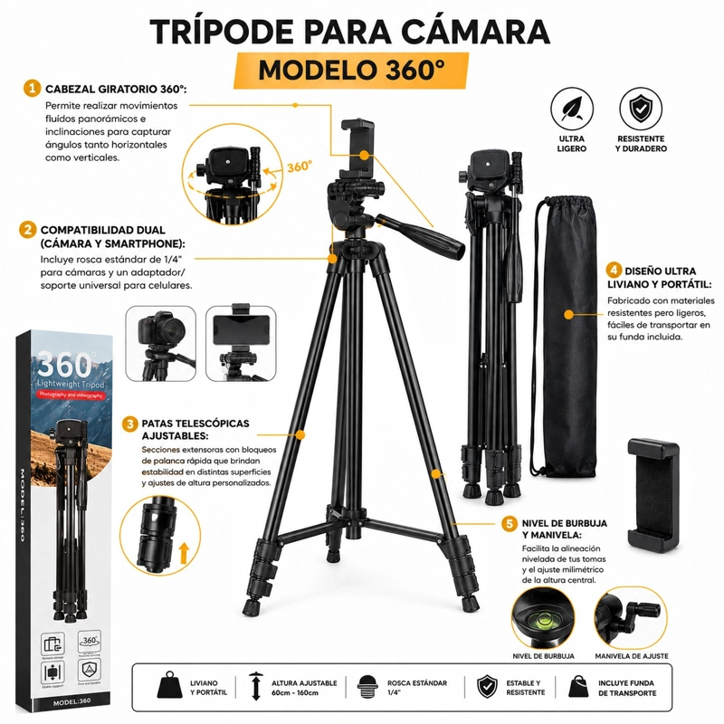 TRIPODE LIGERO PARA CAMARA Y CELULAR GIRO 360 CON FUNDA - 2