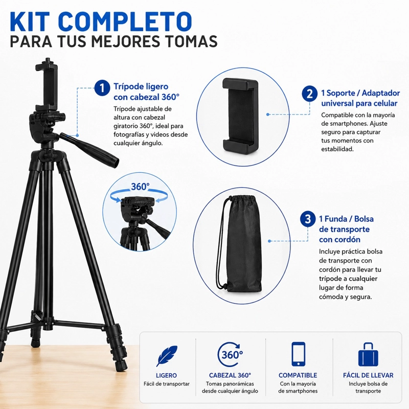 TRIPODE LIGERO PARA CAMARA Y CELULAR GIRO 360 CON FUNDA - 3