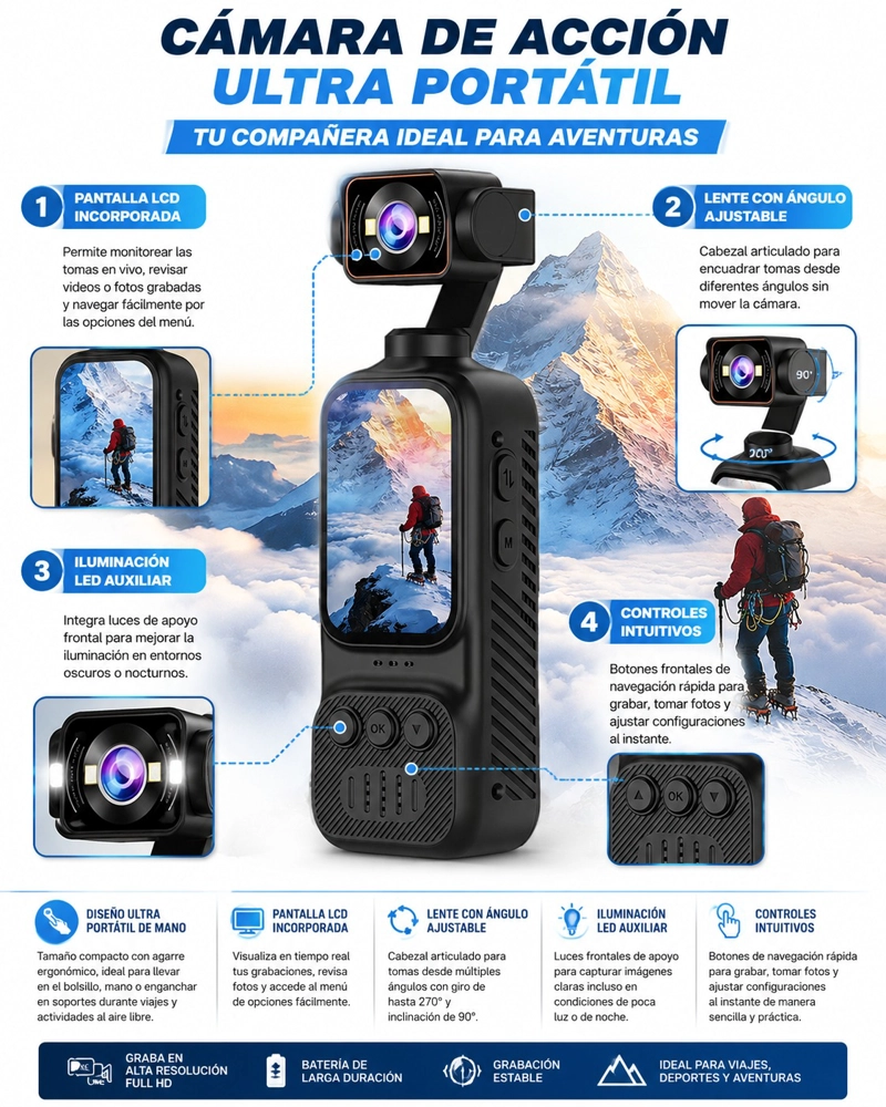 CAMARA DEPORTIVA DE MANO PORTATIL GRABADORA CON PANTALLA - 2