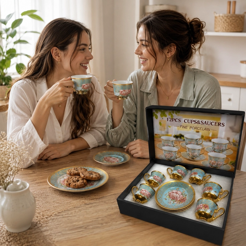 SET JUEGO DE TAZAS Y PLATOS DE 12 PIEZAS PORCELANA FINA AZUL - 2