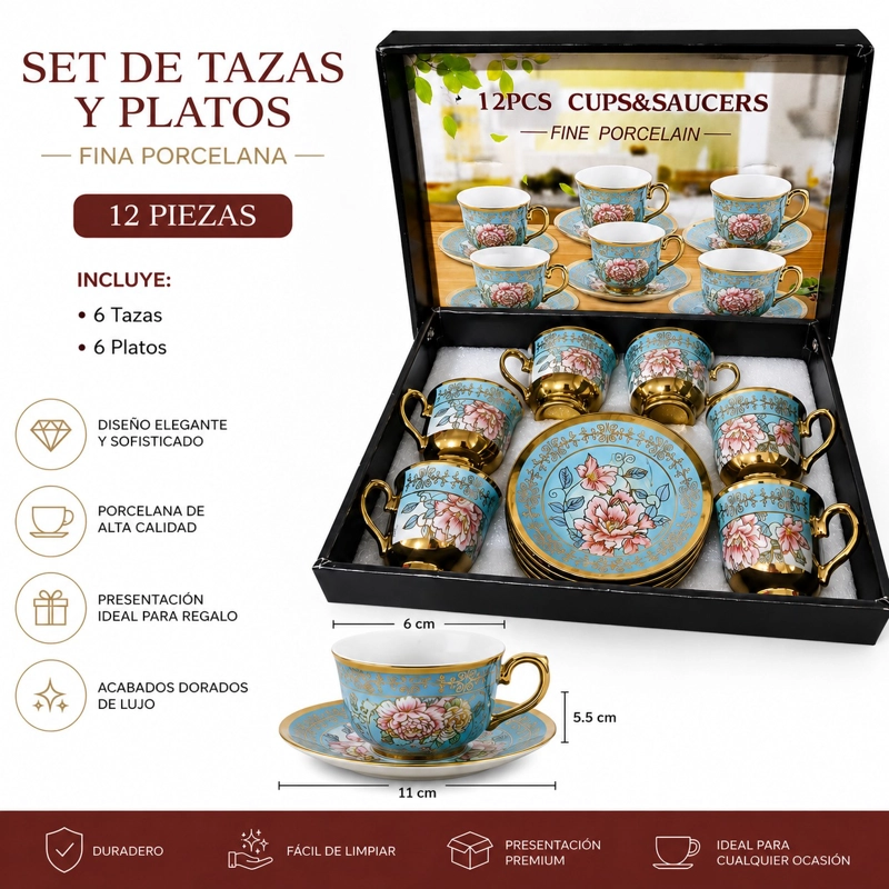 SET JUEGO DE TAZAS Y PLATOS DE 12 PIEZAS PORCELANA FINA AZUL - 4