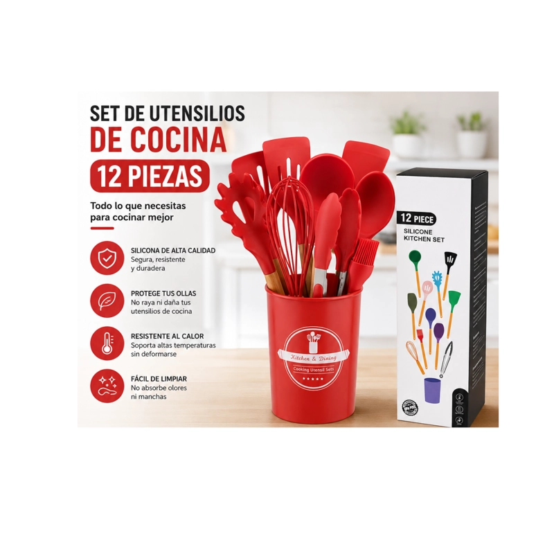 SET DE UTENSILIOS DE COCINA DE SILICONA 12 PIEZAS ROJO - 2