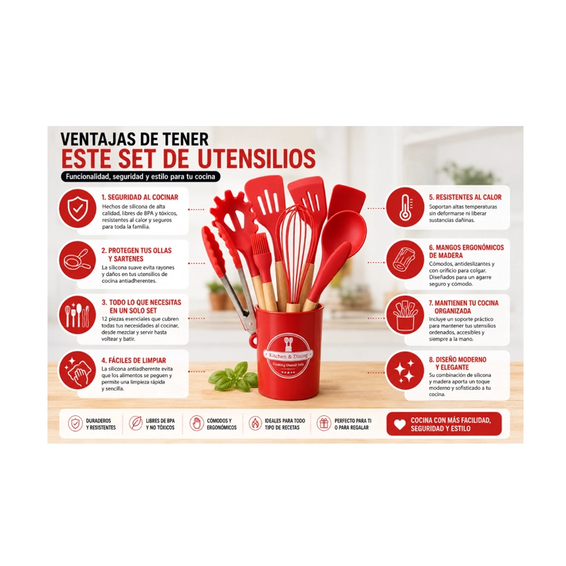 SET DE UTENSILIOS DE COCINA DE SILICONA 12 PIEZAS ROJO - 5