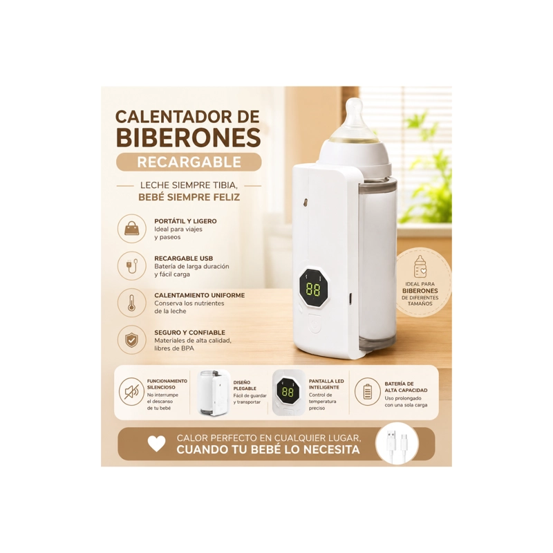 CALENTADOR DE BIBERONES PORTATIL RECARGABLE USB CON PANTALLA LED DIGITAL - 2