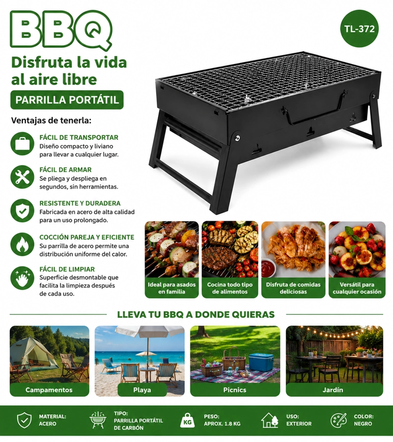 PARRILLA PORTATIL A CARBON BBQ TL-372 – IDEAL PARA EXTERIOR - 3