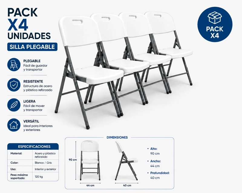 PACK X4 SILLA PLEGABLE PLASTICA PORTATIL DE ALTA RESISTENCIA – BLANCO / GRIS - 2