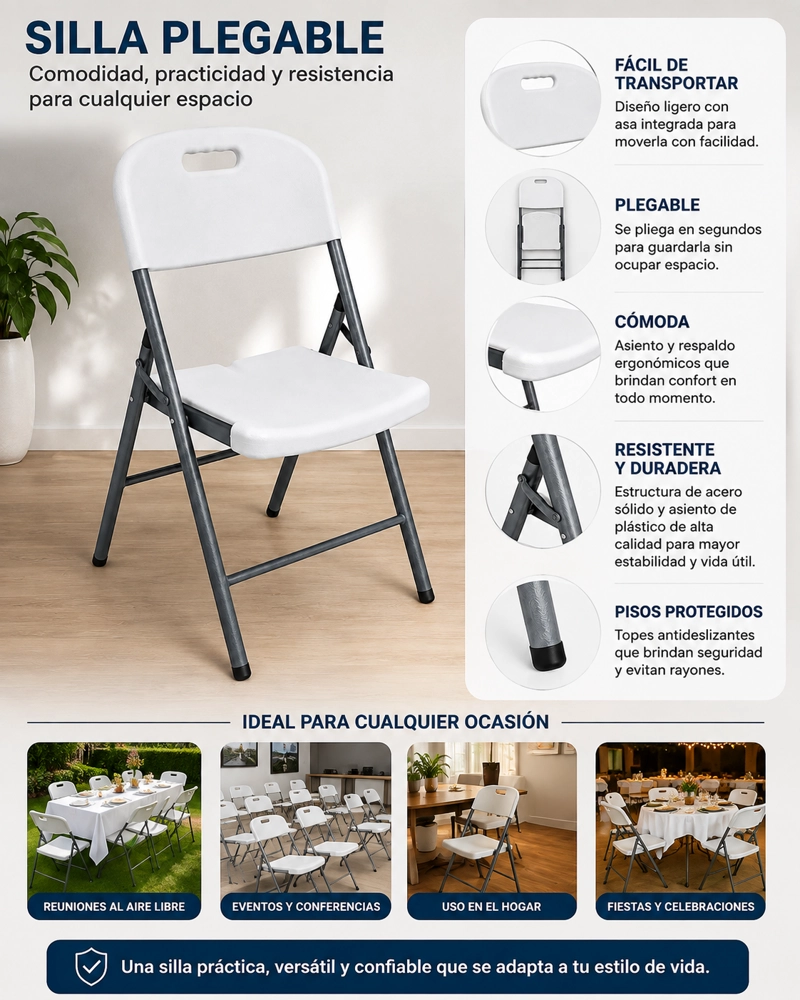 PACK X4 SILLA PLEGABLE PLASTICA PORTATIL DE ALTA RESISTENCIA – BLANCO / GRIS - 3