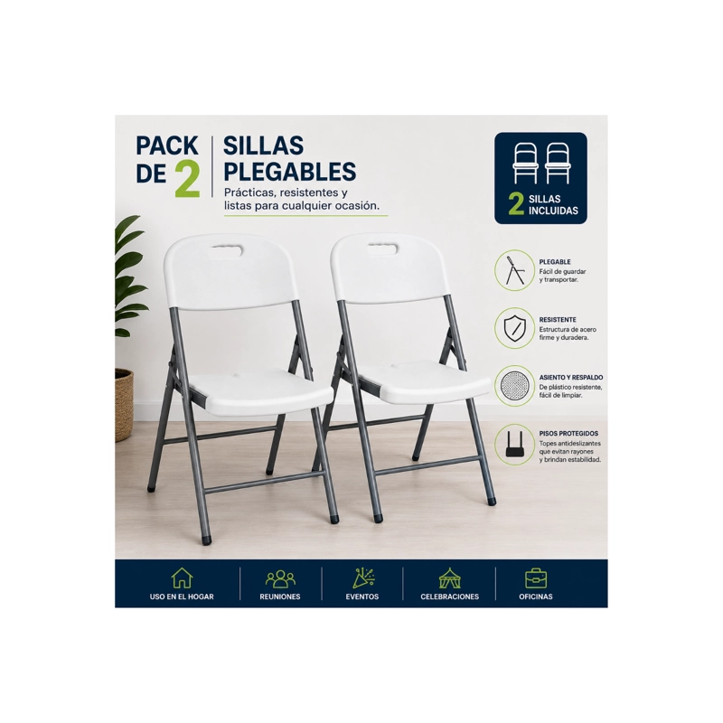 PACK X2 SILLA PLEGABLE PLASTICA PORTATIL DE ALTA RESISTENCIA  BLANCO  GRIS - 2