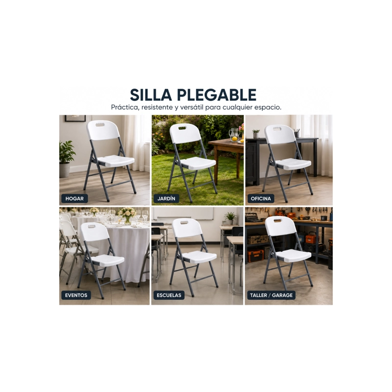 PACK X2 SILLA PLEGABLE PLASTICA PORTATIL DE ALTA RESISTENCIA  BLANCO  GRIS - 3