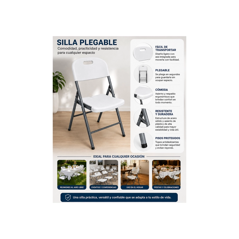 PACK X2 SILLA PLEGABLE PLASTICA PORTATIL DE ALTA RESISTENCIA  BLANCO  GRIS - 4