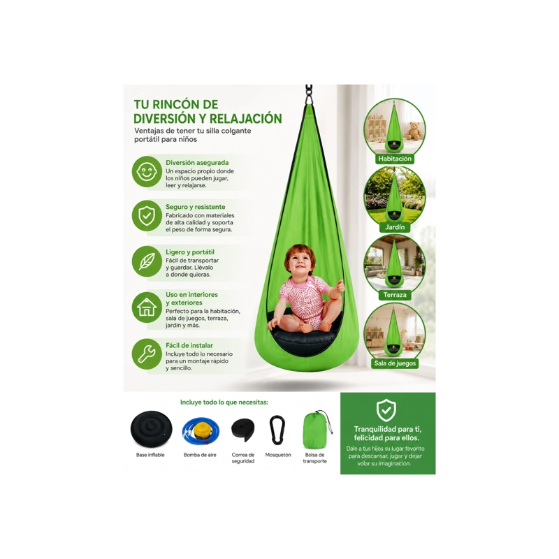 SILLA COLGANTE COLUMPIO SENSORIAL HAMACAS INTERIOR Y EXTERIOR COLOR VERDE - 2