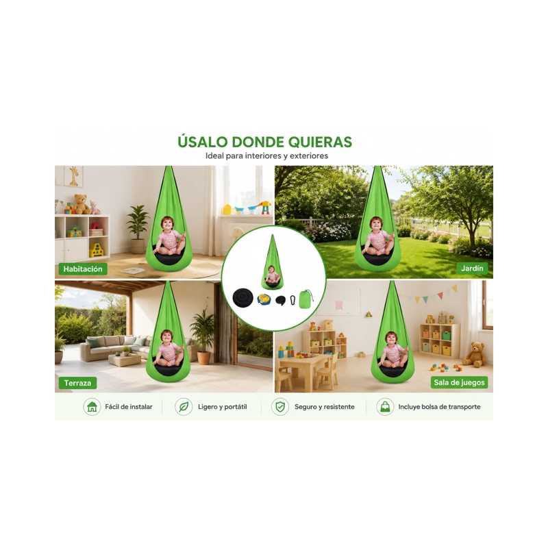 SILLA COLGANTE COLUMPIO SENSORIAL HAMACAS INTERIOR Y EXTERIOR COLOR VERDE - 3