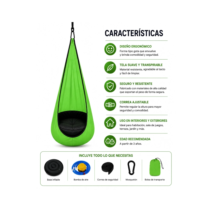 SILLA COLGANTE COLUMPIO SENSORIAL HAMACAS INTERIOR Y EXTERIOR COLOR VERDE - 5