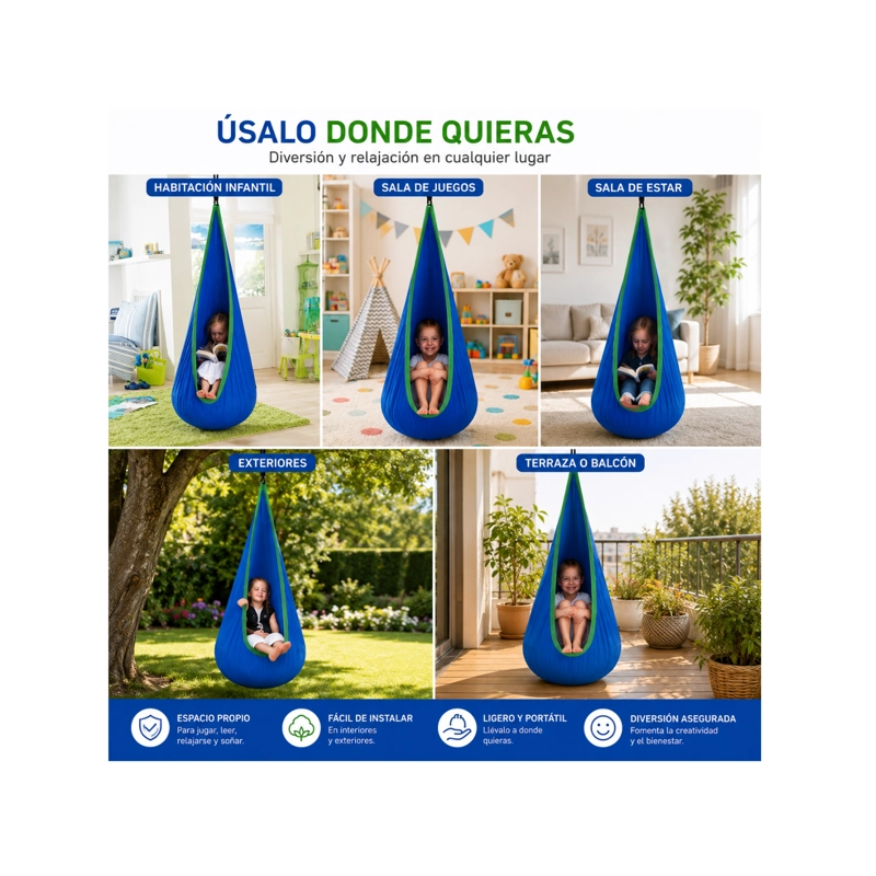 SILLA COLGANTE COLUMPIO SENSORIAL HAMACAS INTERIOR Y EXTERIOR COLOR AZUL - 3