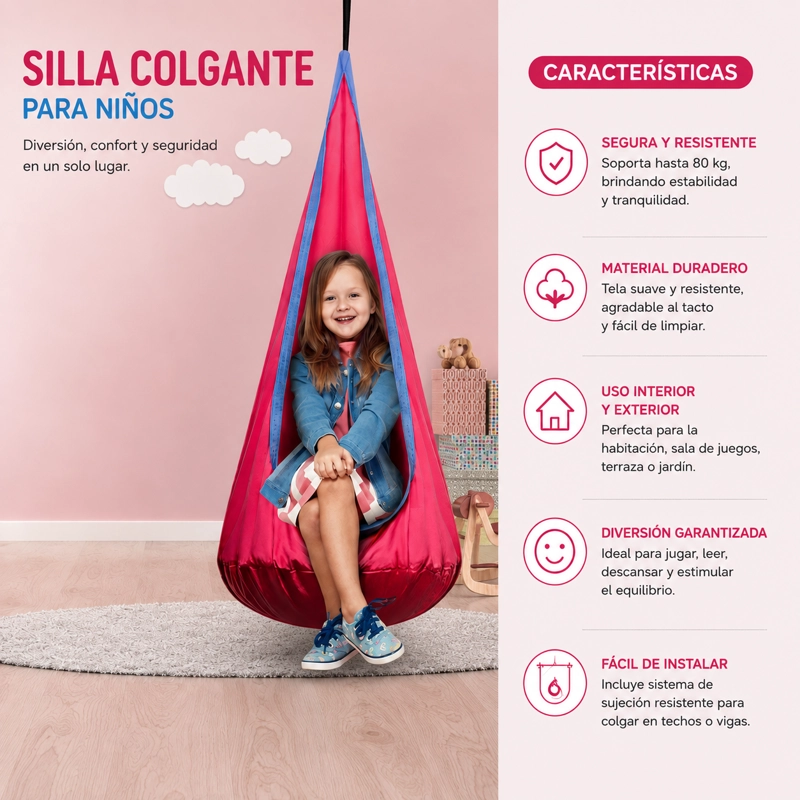SILLA COLGANTE COLUMPIO SENSORIAL HAMACAS INTERIOR Y EXTERIOR COLOR ROSA - 4