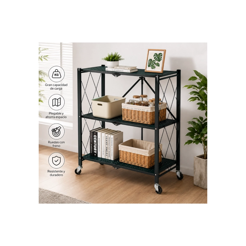 ESTANTE ORGANIZADOR PLEGABLE DE 3 NIVELES CON RUEDAS – CARRO MULTIUSO - 1