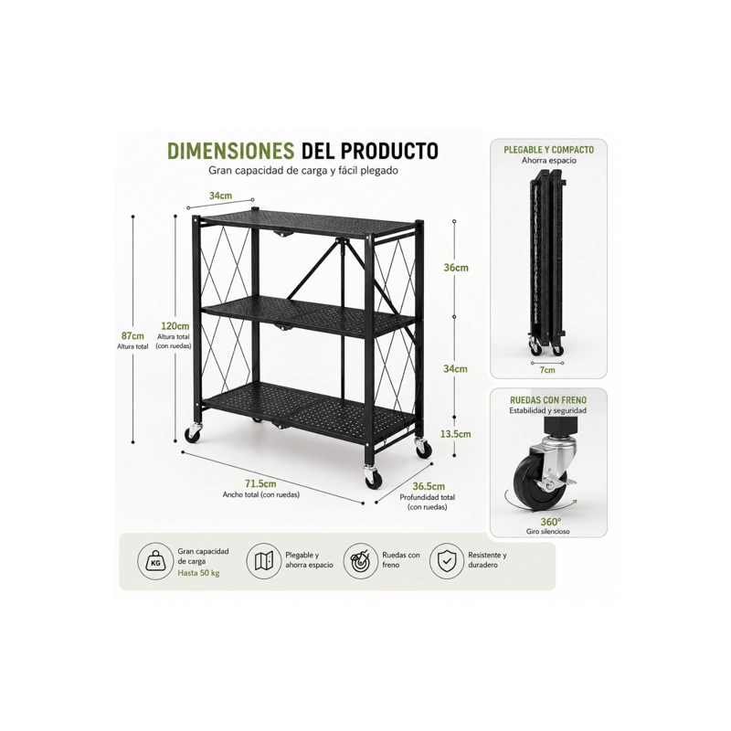ESTANTE ORGANIZADOR PLEGABLE DE 3 NIVELES CON RUEDAS – CARRO MULTIUSO - 2