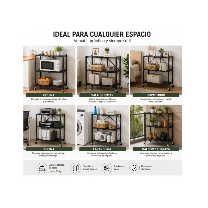 ESTANTE ORGANIZADOR PLEGABLE DE 3 NIVELES CON RUEDAS – CARRO MULTIUSO - 3
