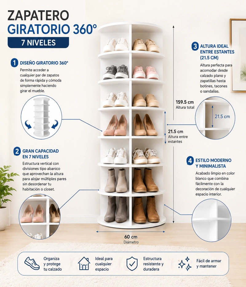 ZAPATERO GIRATORIO CILINDRICO 7 NIVELES 159.5CM ORGANIZADOR DE ZAPATOS/CARTERAS - 2