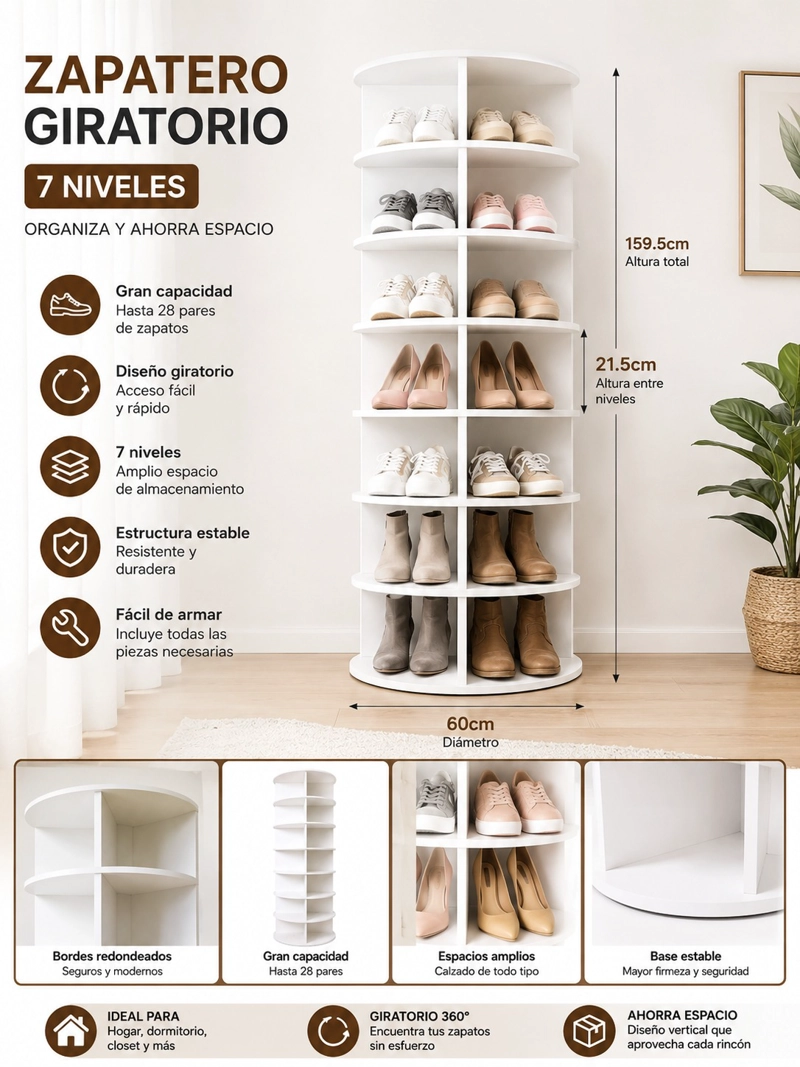 ZAPATERO GIRATORIO CILINDRICO 7 NIVELES 159.5CM ORGANIZADOR DE ZAPATOS/CARTERAS - 3