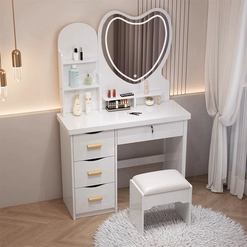 TOCADOR MODERNO CON ESPEJO LED CORAZON CAJONES Y TABURETE - 1