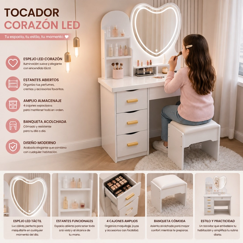 TOCADOR MODERNO CON ESPEJO LED CORAZON CAJONES Y TABURETE - 2
