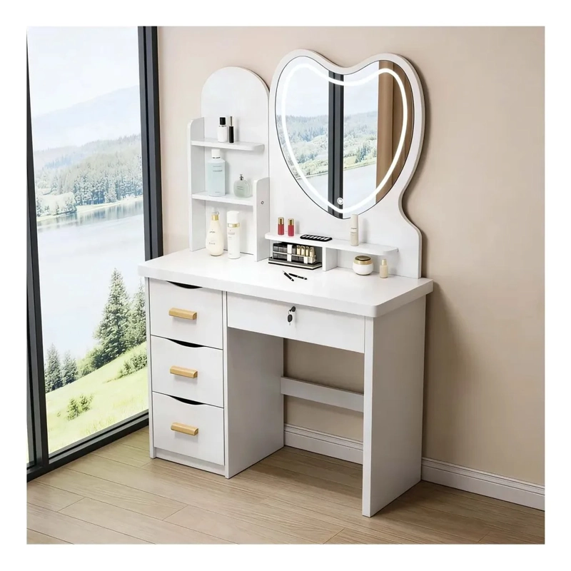 TOCADOR MODERNO CON ESPEJO LED CORAZON CAJONES Y TABURETE - 3