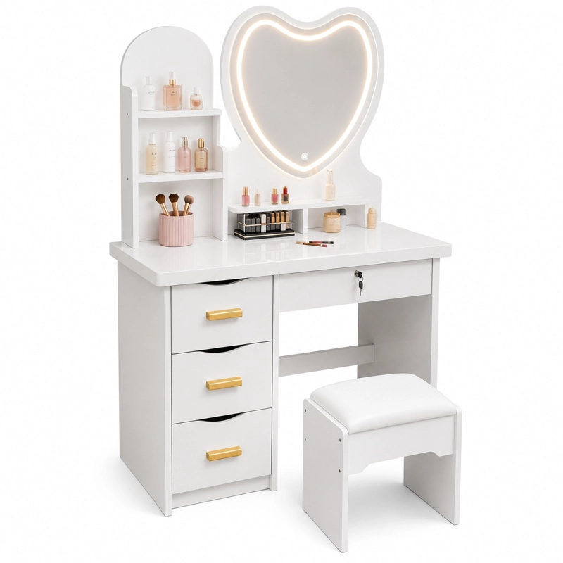 TOCADOR MODERNO CON ESPEJO LED CORAZON CAJONES Y TABURETE - 4