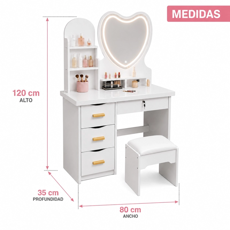 TOCADOR MODERNO CON ESPEJO LED CORAZON CAJONES Y TABURETE - 5