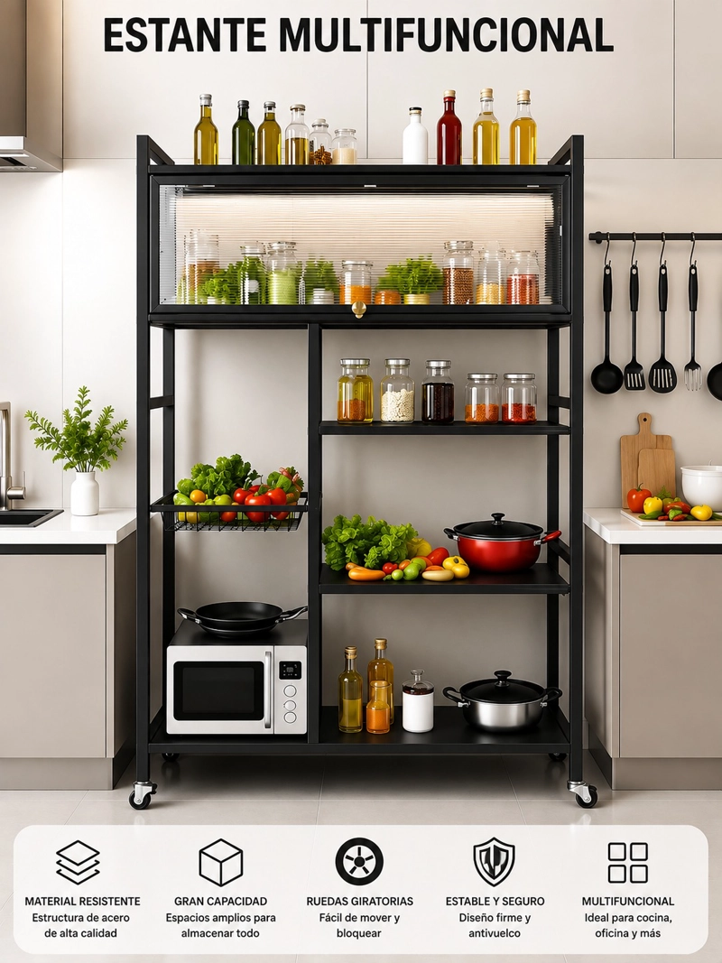 ESTANTERIA DE COCINA MULTIUSO CON GABINETE SUPERIOR Y RUEDAS - 2